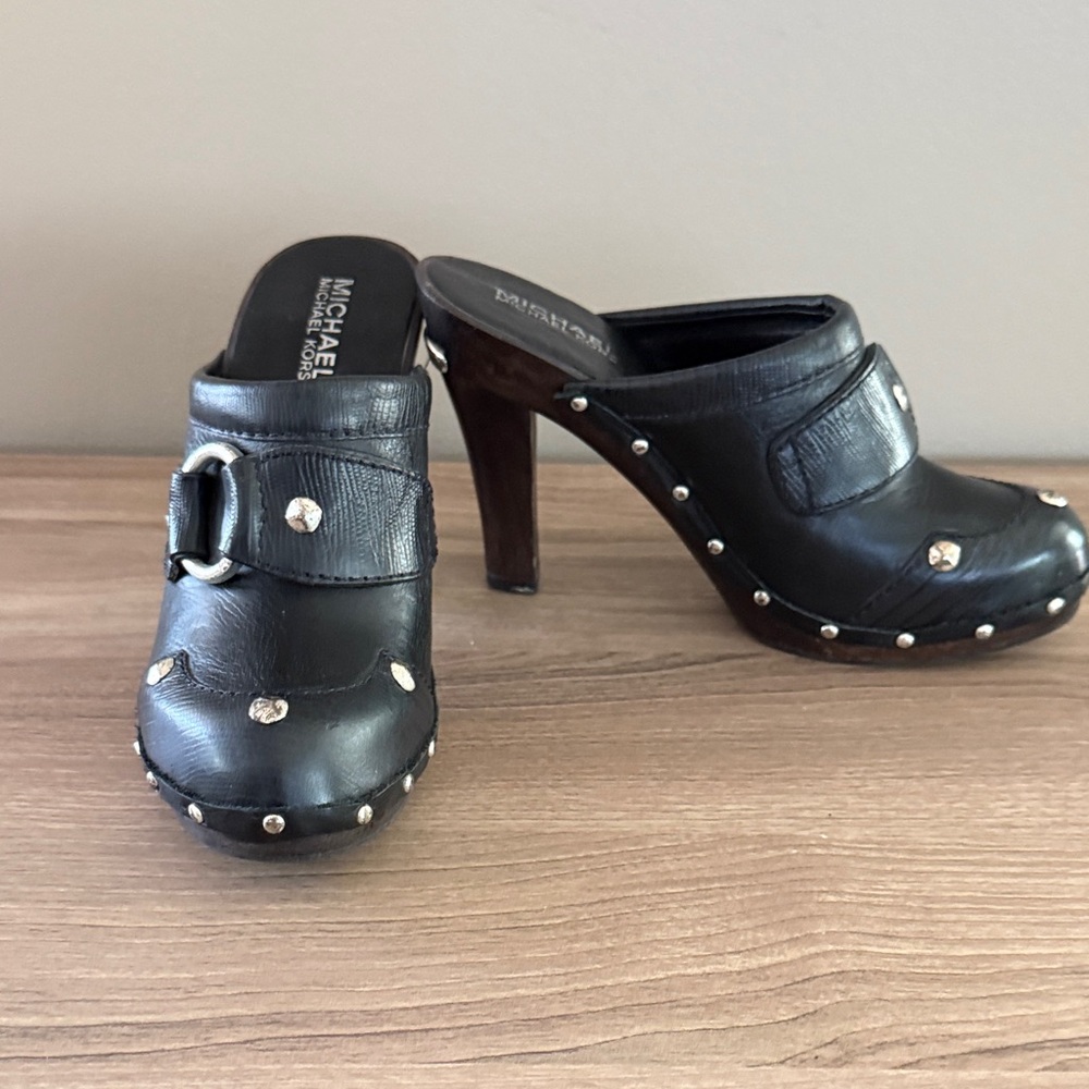 Michael Kors Black Leather Studded Mules, Size 6